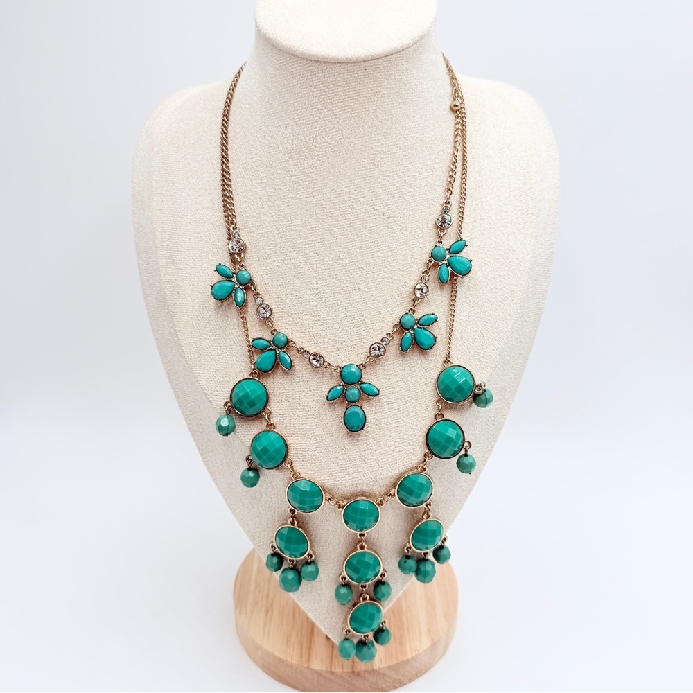 Vintage Turquoise Statement Necklace Gold Tone Layered Bib Necklace
